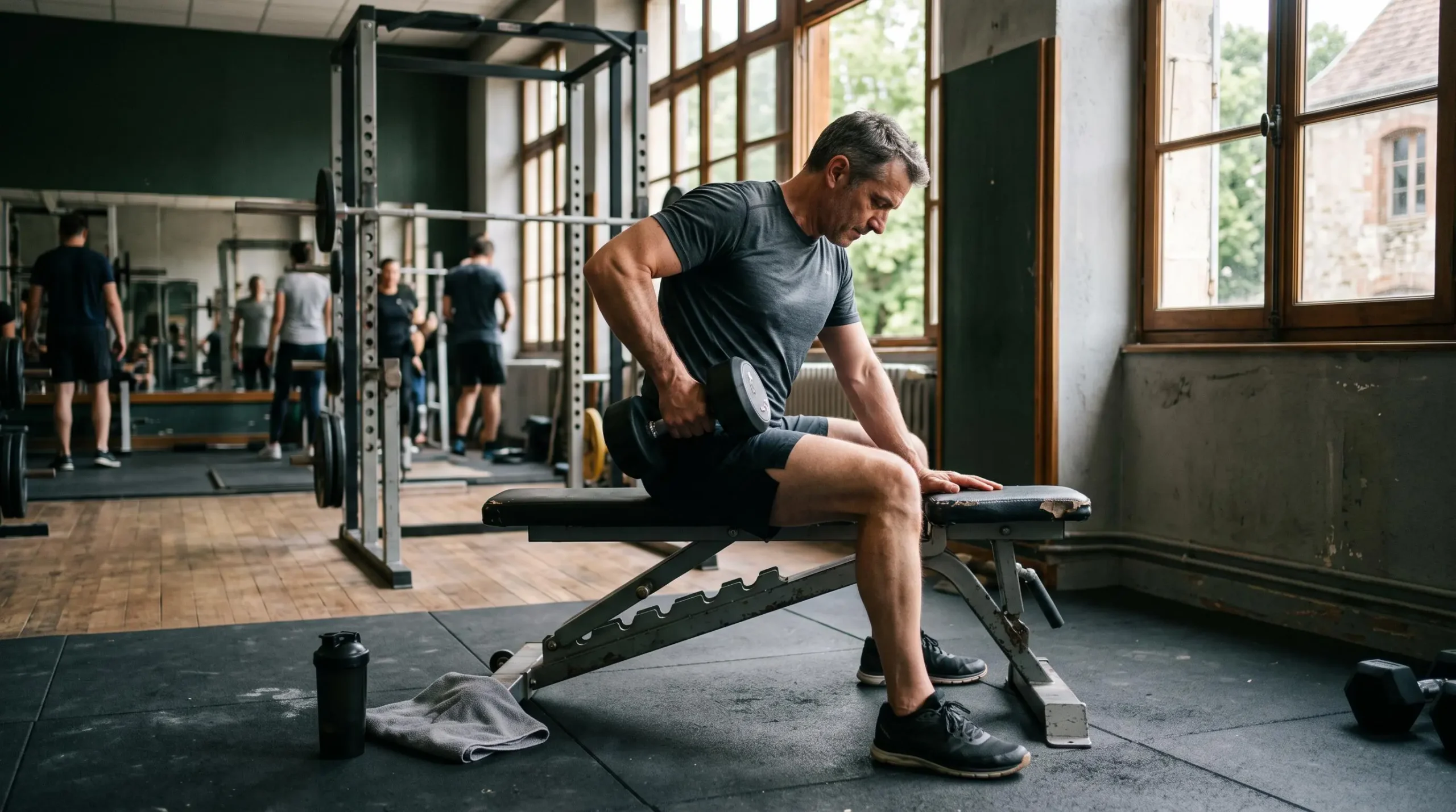 Un homme effectue un exercice avec un haltère sur un banc dans une salle de sport éclairée par la lumière du jour.