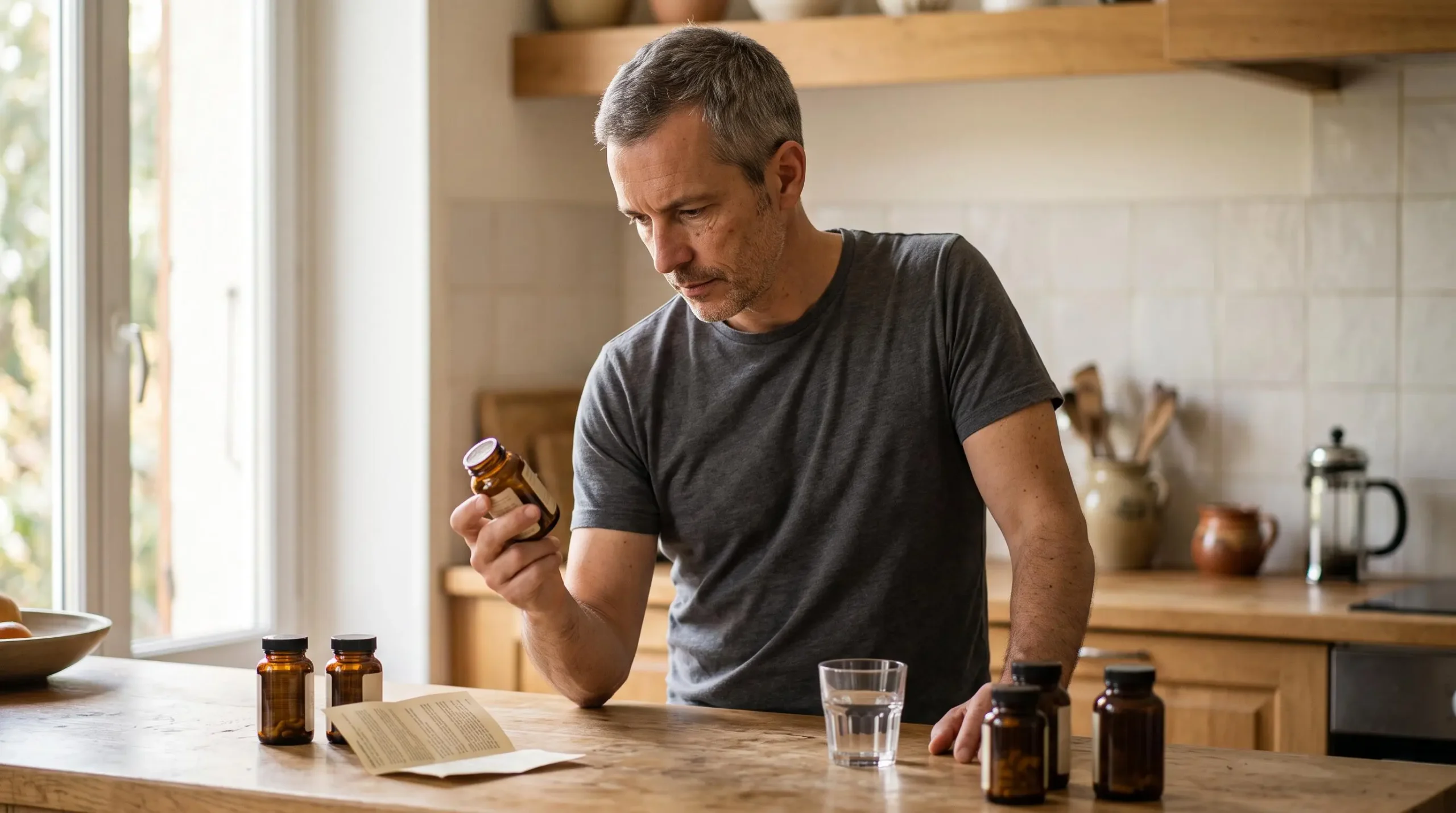 Un homme lit attentivement l'étiquette d'un flacon de complément alimentaire dans une cuisine lumineuse.